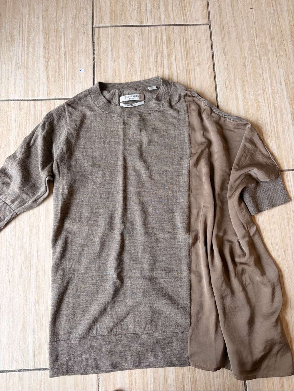 AllSaints Olive Cold-Shoulder Knit 100% Merino Tee